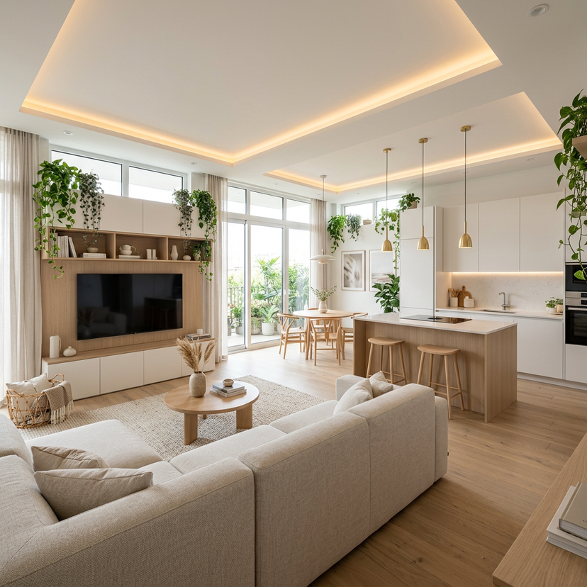 Space Saving Living Room Design with Large Windows and Sofa Setup ...