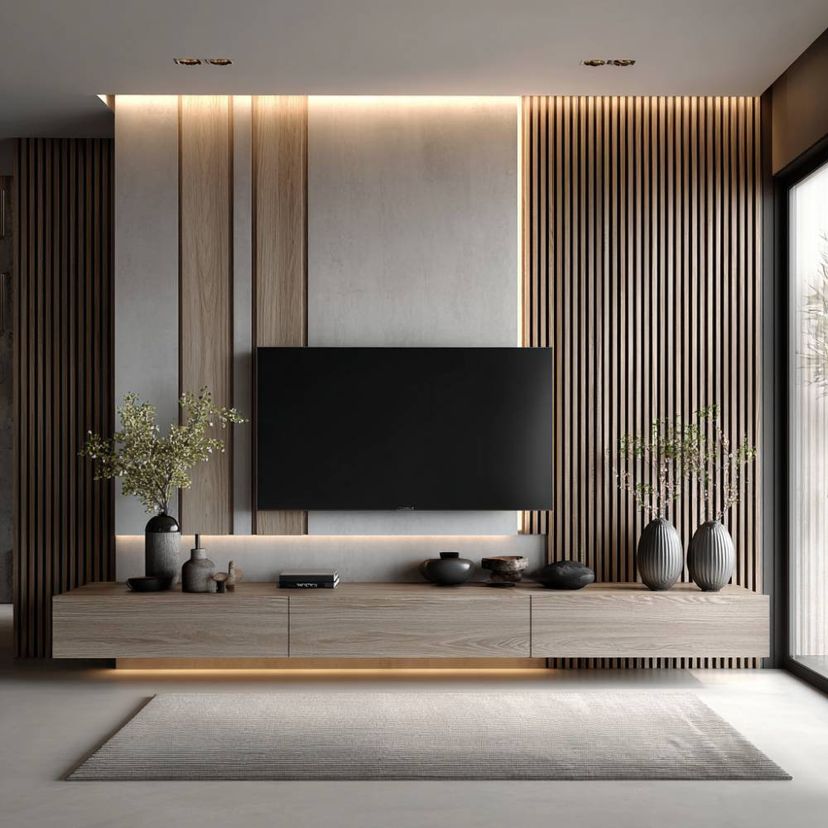 Walnut Modern TV Unit Design With Floating Drawer Storage and Wood