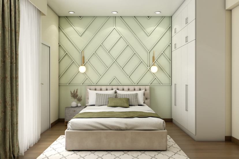 Compact Guest Bedroom Design With Green Wall And Beige Headboard | Livspace
