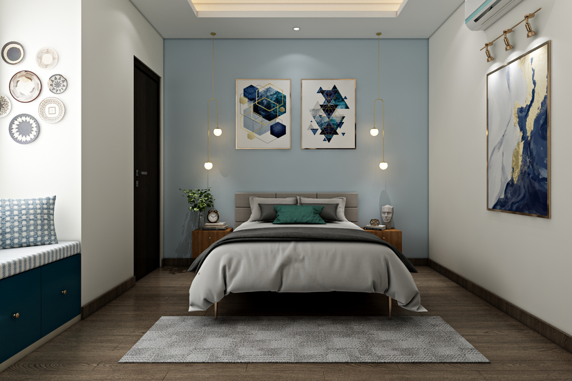 Modern Guest Bedroom Design With Grey Tufted Headboard And Window ...