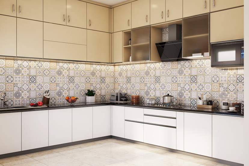 Spacious L-shaped Kitchen Design With White And Beige Cabinets | Livspace