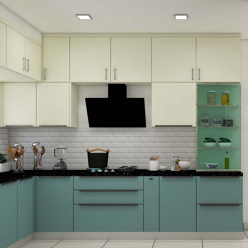 Modular Blue And White L-Shaped Kitchen Cabinets Design | Livspace