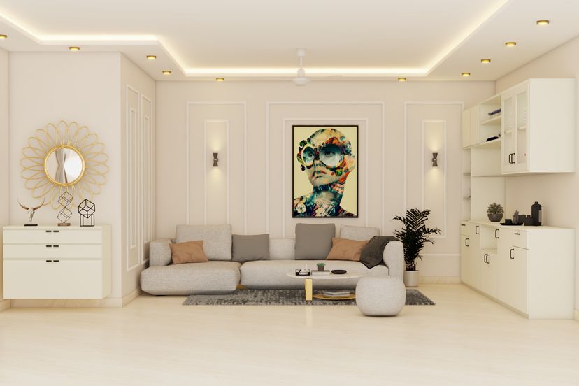 Spacious White-Themed Living Room Design With Trims | Livspace