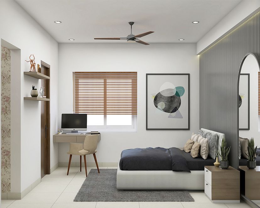 Master Bedroom Design With Dark Grey Accent Wall And Compact Study ...
