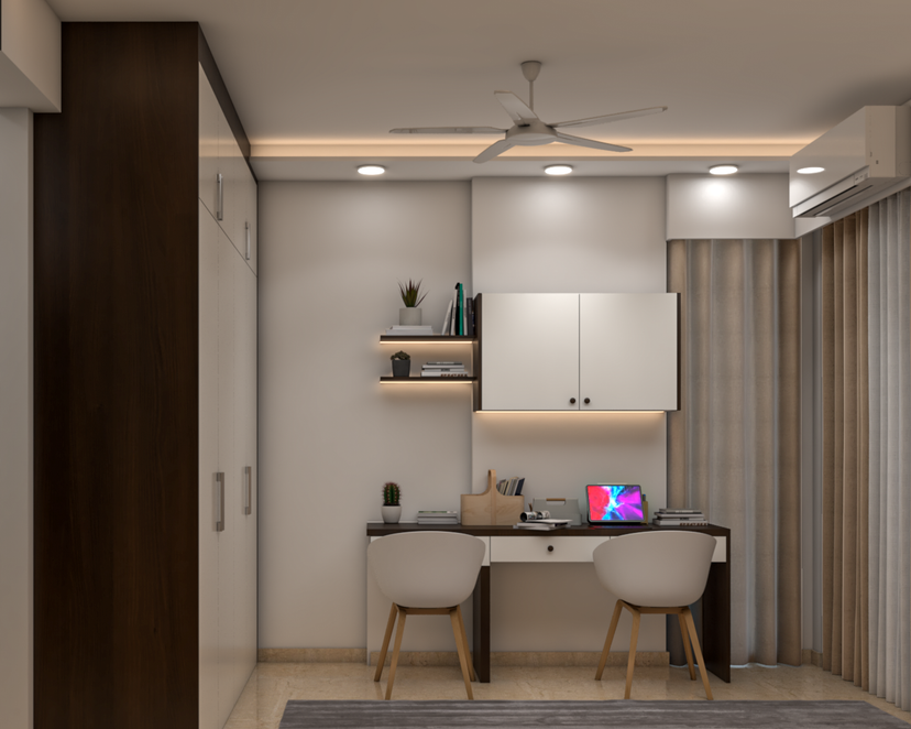 Compact Master Bedroom Design In Beige With Off-White Wardrobe | Livspace