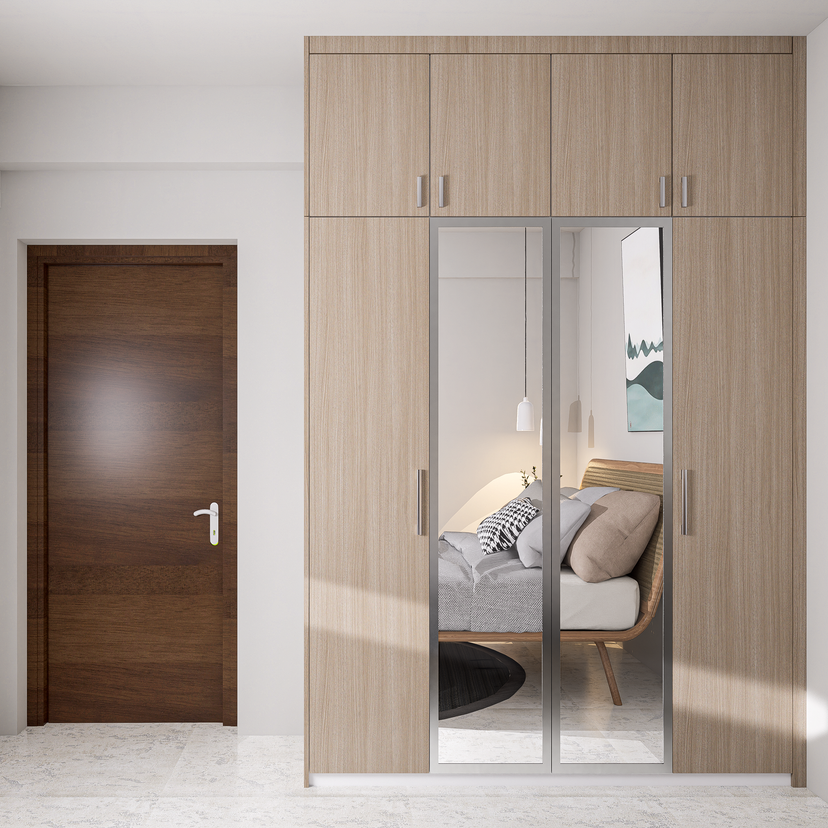 Compact Wardrobe Design In A Light Brown Oak Wood Finish | Livspace