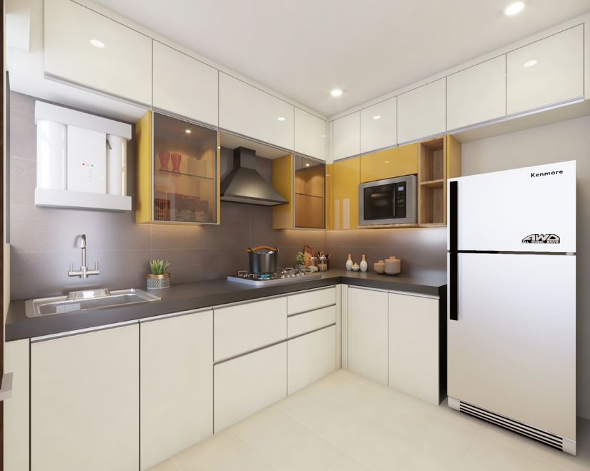 Modular L Shape Kitchen Design In Champagne And Solar Yellow Tones ...