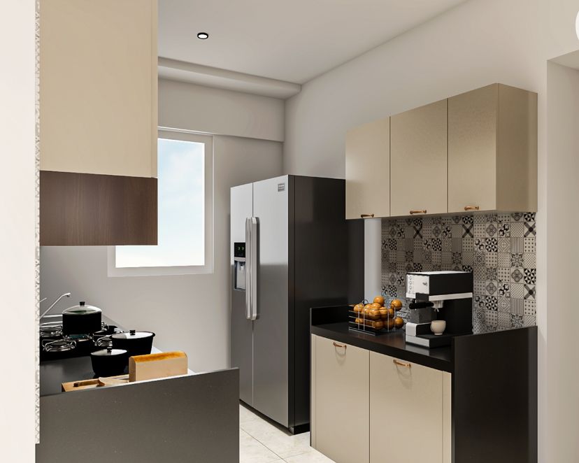 Modular Parallel Kitchen Design With Black And White Dado Tiles | Livspace