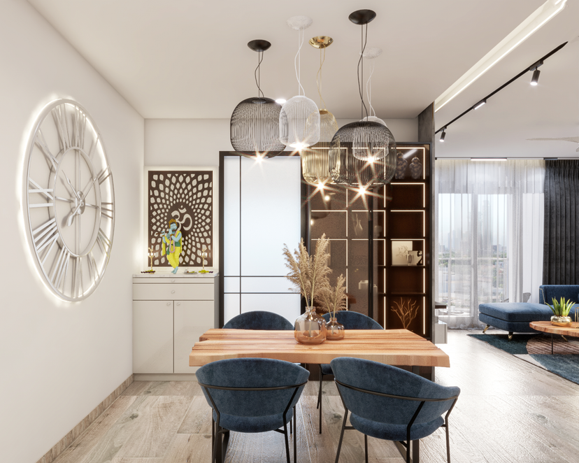 Shutter Clocks Tinted Glass Shutters 4-Seater Dining Room Design with Huge Wall Clock ...