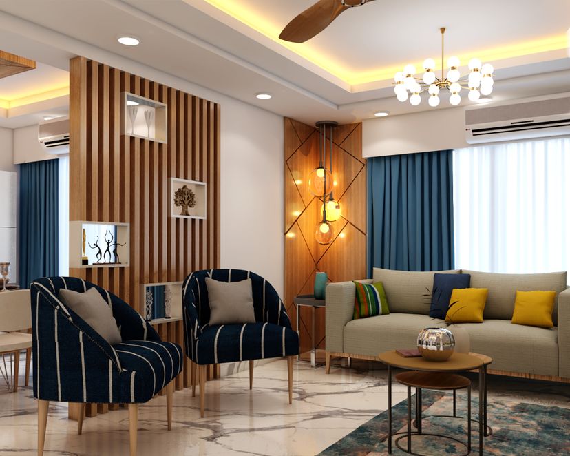 Contemporary Compact Living Room Design with Accent Wall and Chandelier ...