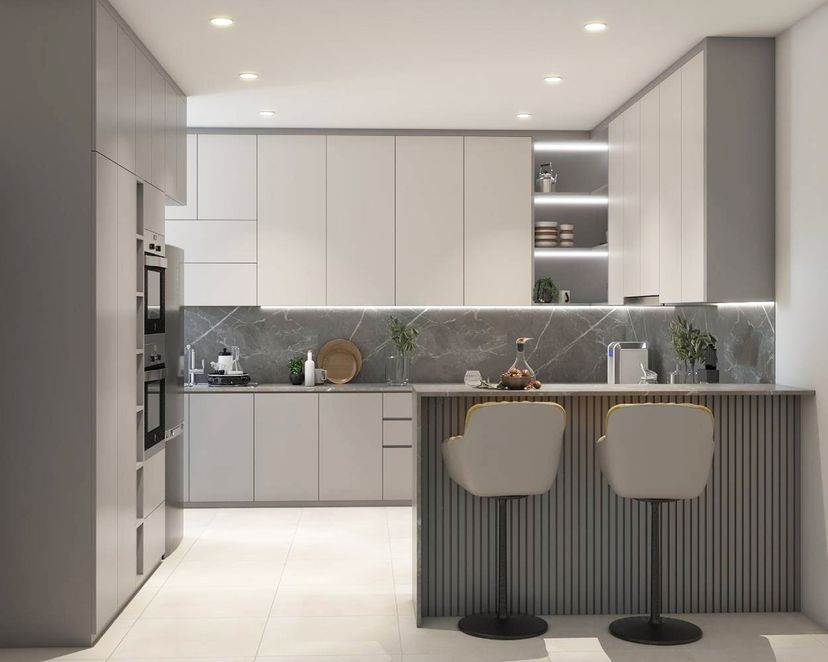 Beige Modular Indian Regalia Kitchen Design With Grey Marble Backsplash ...