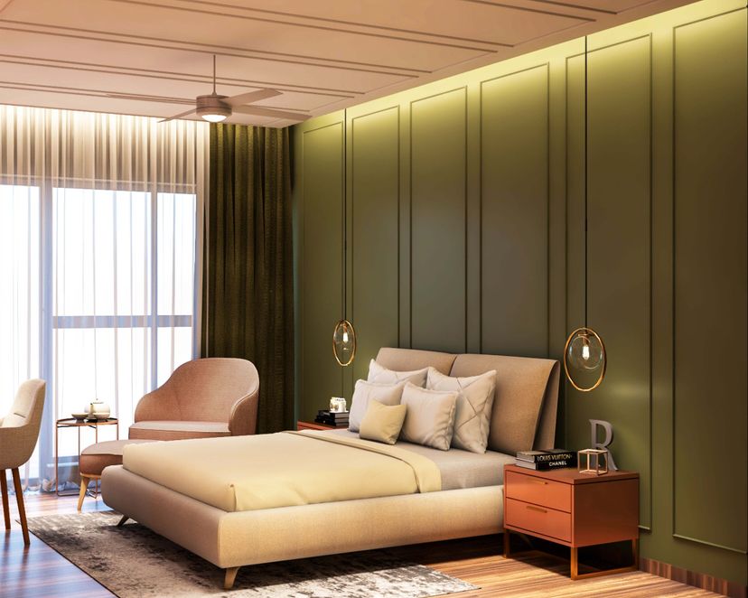 Bedroom Olive Green Wall Design With Wall Trims | Livspace