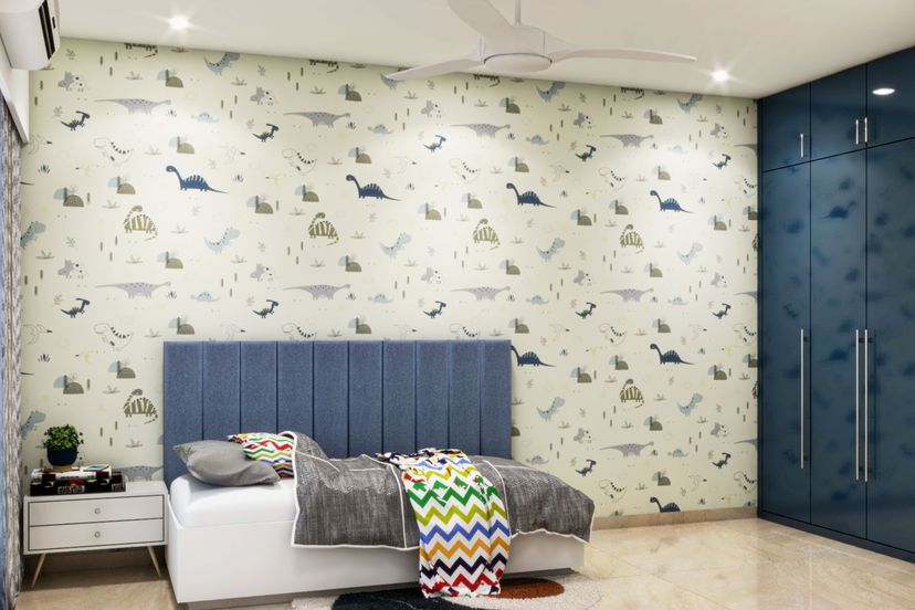 Boys Room Design With Dinosaur Wallpaper And 3-Door Blue Swing Wardrobe ...