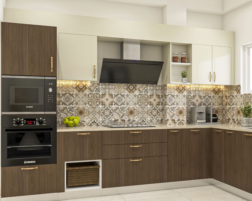 Classic Cresent Acacia and Champagne L Shape Kitchen Design with Quartz ...