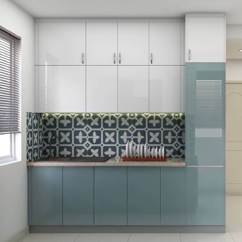 Blue And White Parallel Kitchen Design | Livspace