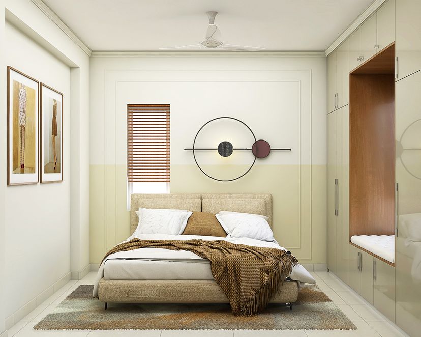 Spacious Bedroom Design With Wall Storage And Seating | Livspace
