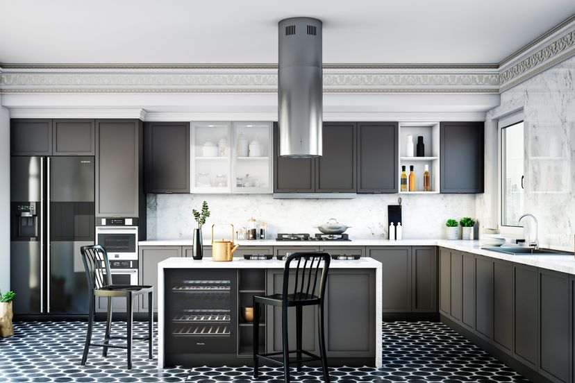 Modular Contemporary Island Kitchen Design With Grey Cabinets - 21x18 ...