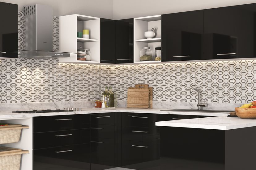 Porcelain Black And White Hexagonal Kitchen Tile Design | Livspace