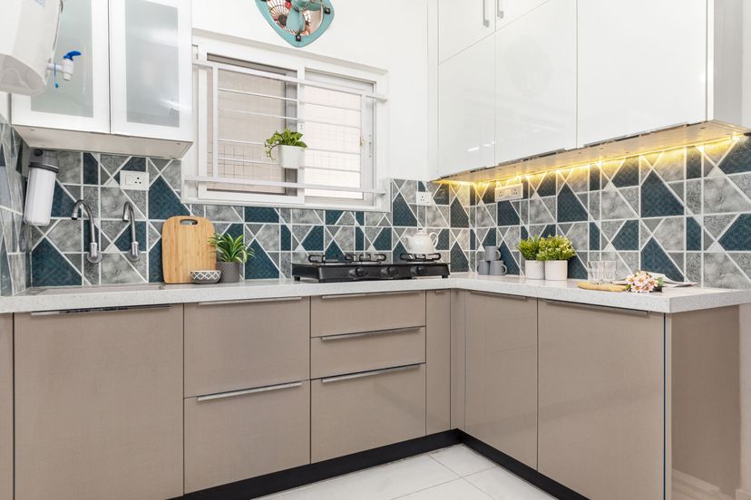 White And Light Beige L Shaped Modular Kitchen Design | Livspace