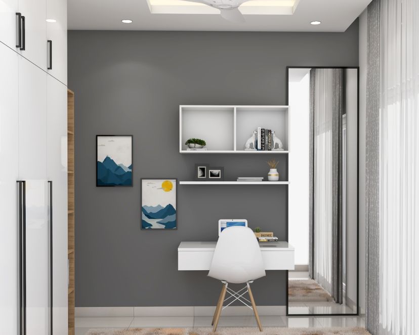 Frosty White Study Room Design With Grey Painted Wall | Livspace