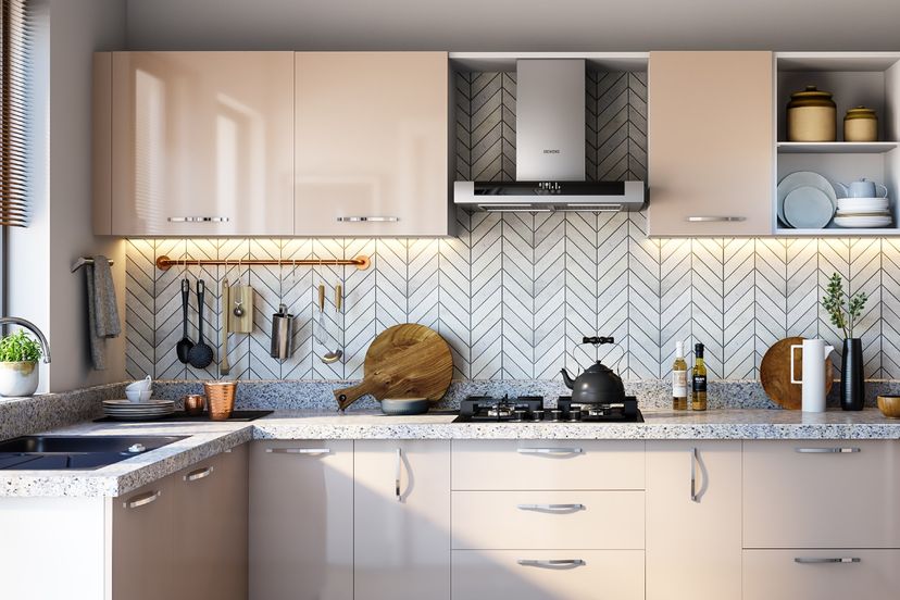 Herringbone Ceramic Kitchen Tile Design In Grey And White | Livspace