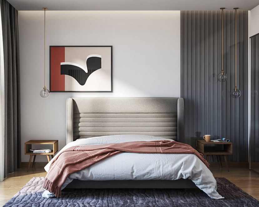 Master Bedroom Design with Contemporary Vertical Grey Wall, Geometric ...