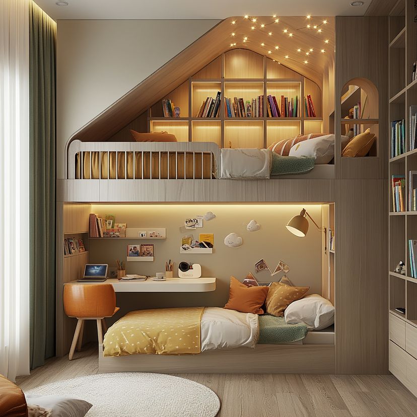Loft Kids Bedroom Design with Space-Saving Bed, Desk, Shelving, and ...