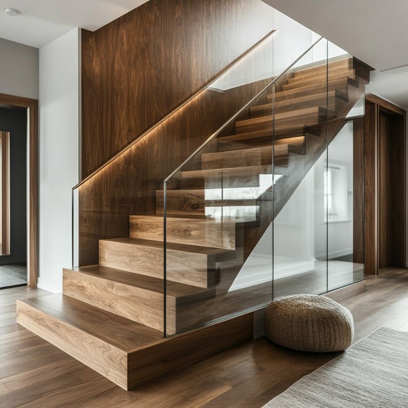 Straight Staircase Design Combining Wood and Glass Elements for Modern ...