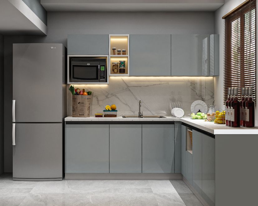U-Shaped Modern Kitchen Design with Silver Storage Units and Quartz ...
