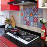 Red And Blue Patterned Kitchen Tile Design - Livspace