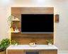 Light-Coloured Living Room Wallpaper With A Compact TV Unit - Livspace