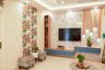 TV Unit Design with Blue Drawers and Marble Panel Backdrop