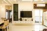 White TV Unit Design with Glass Shelving and Marble Backdrop