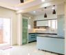 Blue and White Island Kitchen Design With Marble Touch