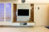 White and Walnut Bronze TV Unit Design With Marble Backdrop and Floating Cabinets