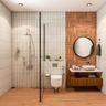 White And Wood Tiles For Compact Bathroom Design And Round Mirror With Black Frame - Livspace
