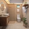 Spacious Bathroom Design With Beige And Brown Interiors, Potted Plants, Round Mirror And Granite Countertop - Livspace