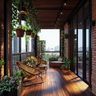 Balcony Design With Basket Planters and Natural Wood Flooring