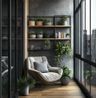 Balcony Design With Dark Grey Wall and Wooden Slats