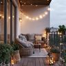 Balcony Design With String Lights And Comfortable Seating