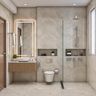 Beige Bathroom Design With Floating Vanity and Open Shelves