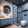 Bathroom Design With Blue Herringbone Tiles and Floating Vanity