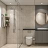 Beige-Tiled Bathroom Design with Round Mirror and Slatted Vanity