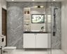 Bathroom Design with Grey Marble Walls and Open Storage