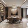 Dining Room Design with Round Marble Table and Glass Shelving
