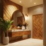 Foyer Design with Floating Console and Chevron Wood Paneling
