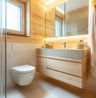 Bathroom Design with Wooden Tiles and Stone Countertop