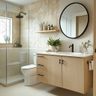 Bathroom Design with Geometric Wall Tiles and Round Mirror
