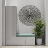 Grey Foyer Design With Tall Vertical Cabinet and Padded Seating