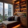 Home Bar Design With Display Shelving and Wooden Cabinets